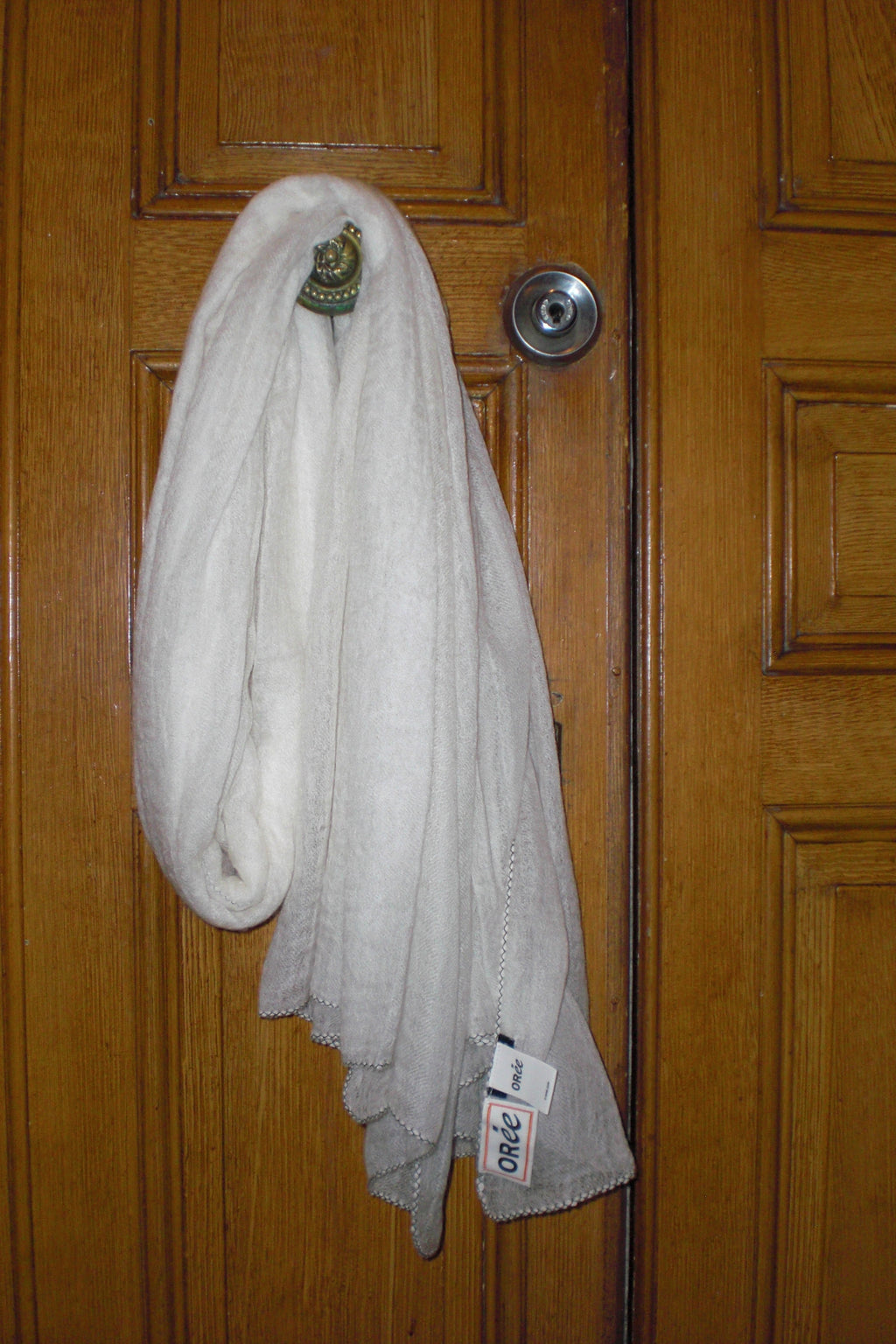 A white cashmere scarf hanging over a parisien wooden door.